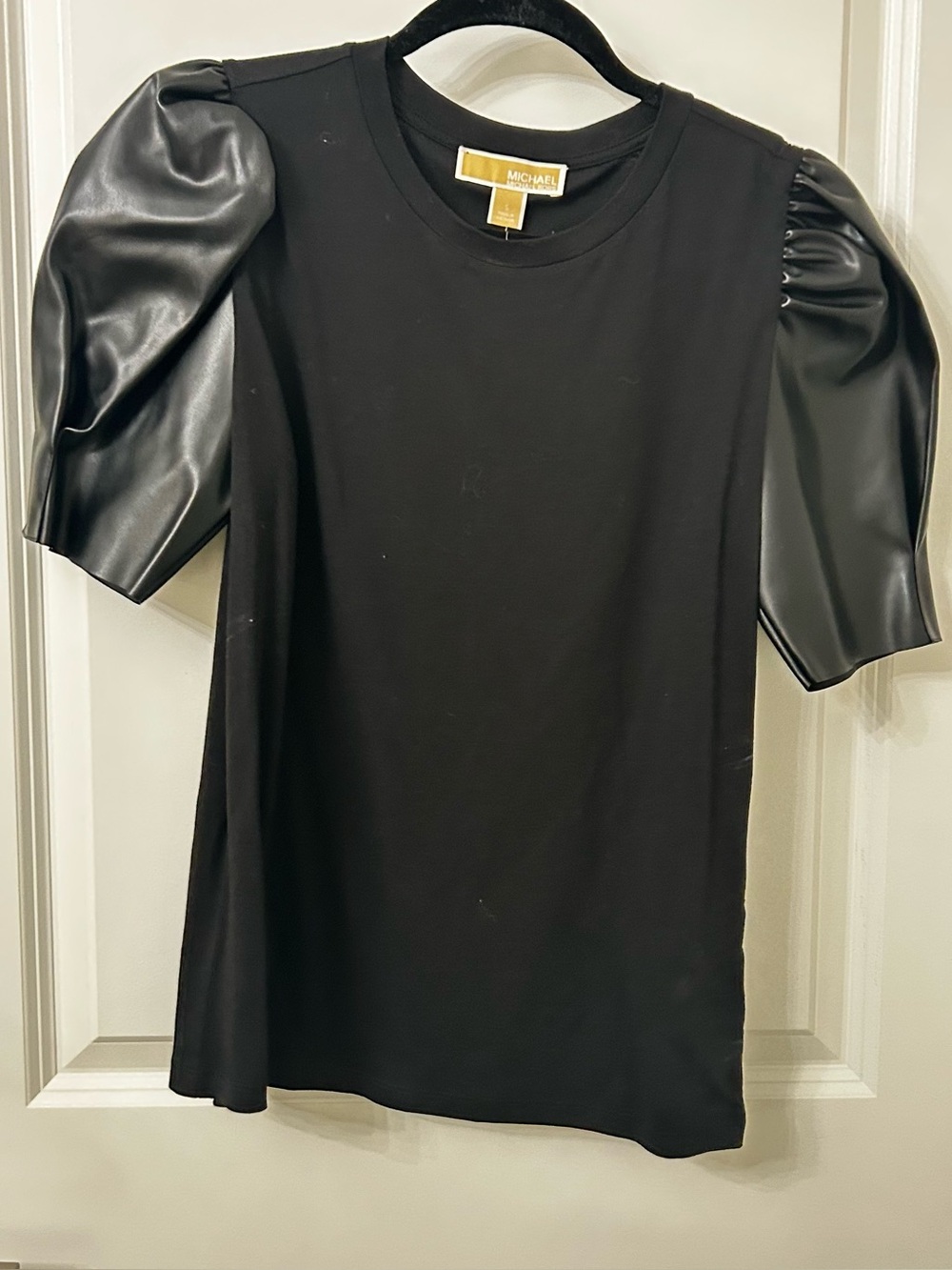 NWT Michael Kors Black Faux Leather Puff-Sleeve Top Size Small